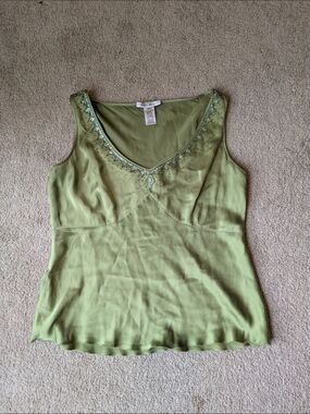 Vintage Nine West Silk Fairycore Y2k Green Beaded V-Neck Sleeveless Top